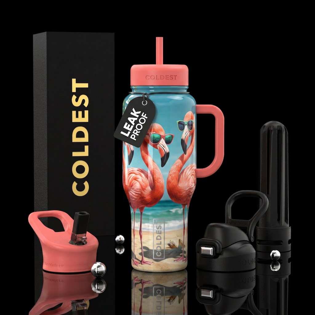 flamingo’s in sunglasses at the beach water bottle design