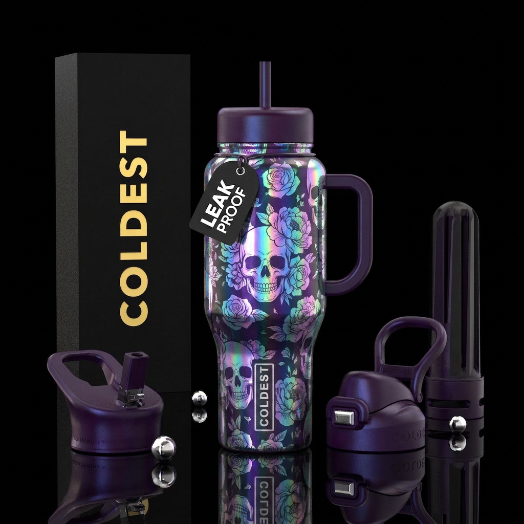 Holographic skulls and flowers water bottle design