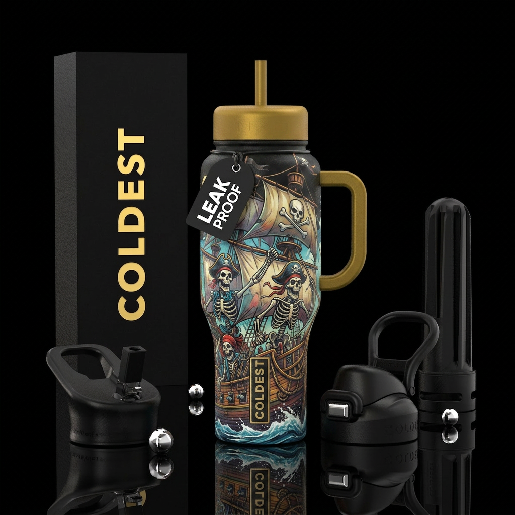 Skeletons on a pirate ship water bottle design
