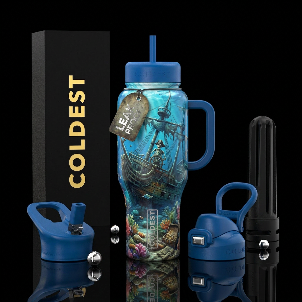 Sunken pirate ship with a skeleton at the helm water bottle design