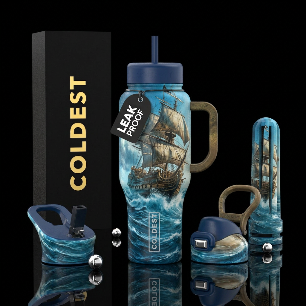 Pirate ship crashing through the waves water bottle design