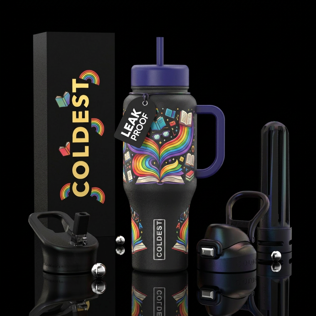 Reading rainbow water bottle design