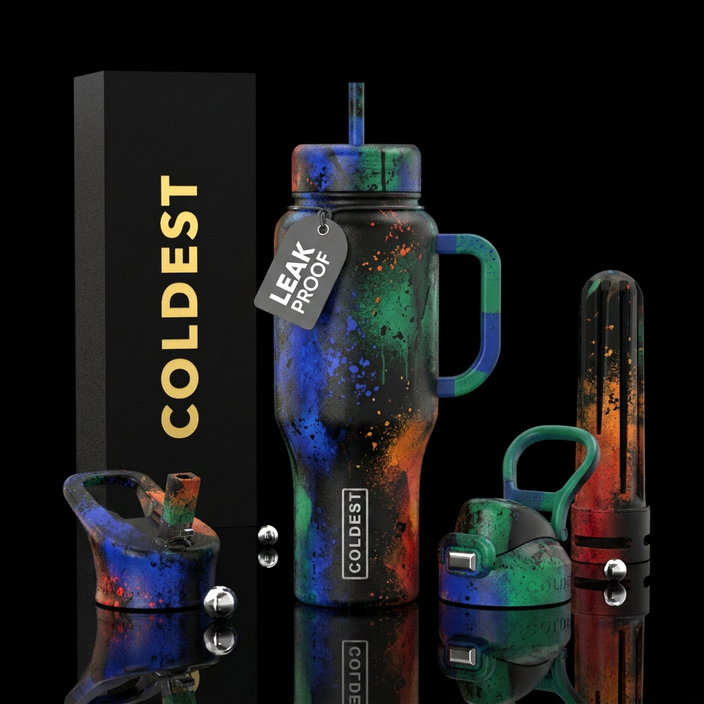 artistic, grunge, spray painted water bottle design