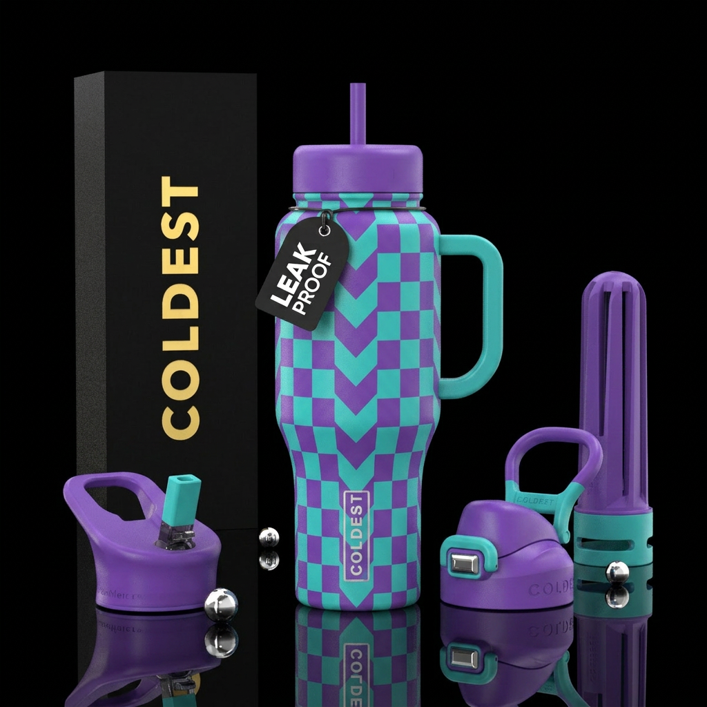Teal and purple checkers water bottle design