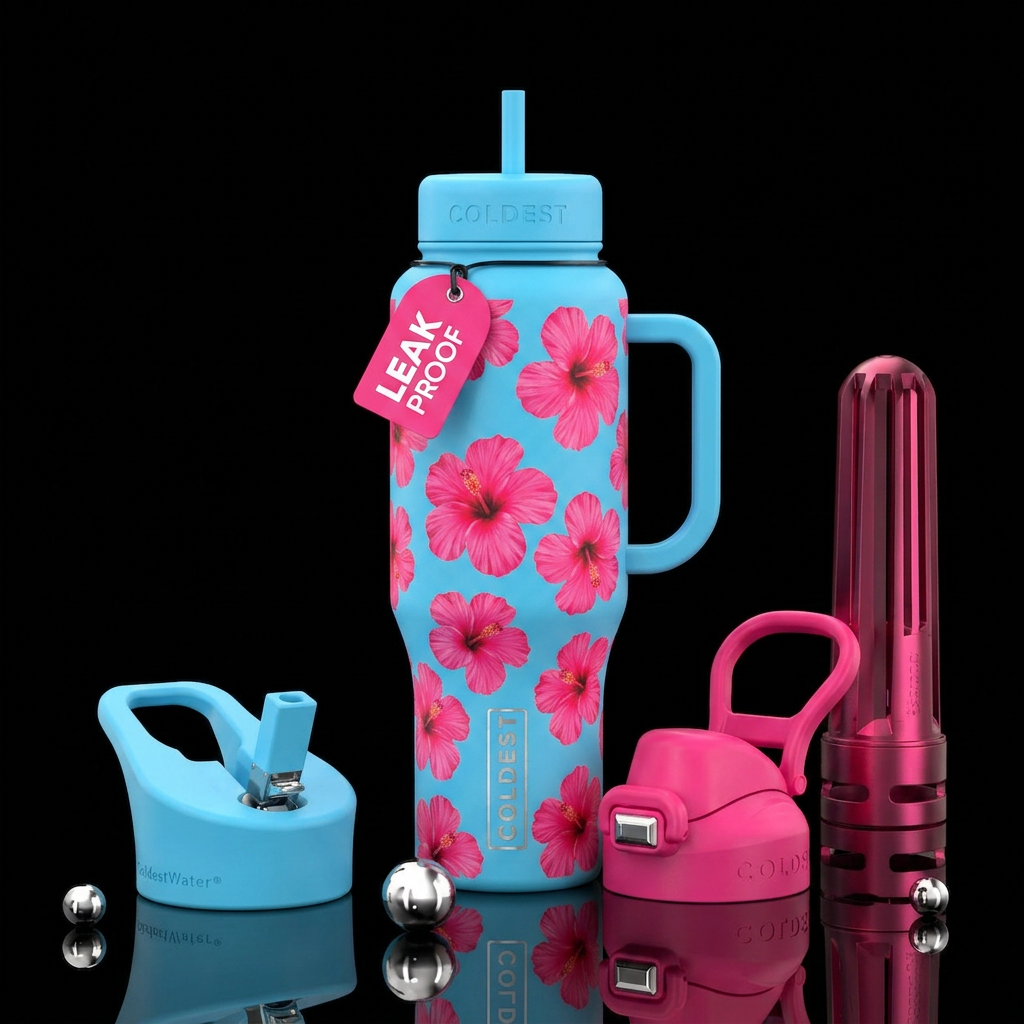 Light blue bottle with hot pink hibiscus flowers water bottle design