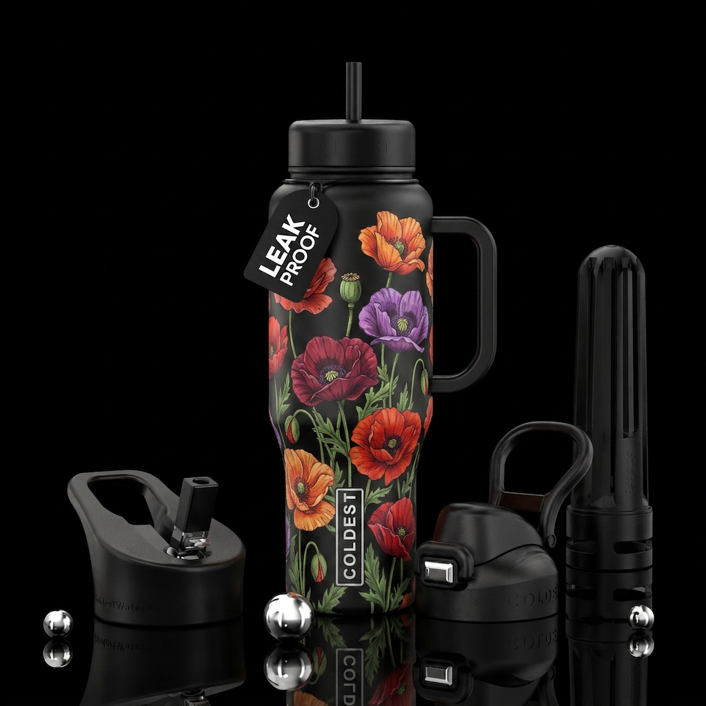 poppy flowers on a black bottle water bottle design
