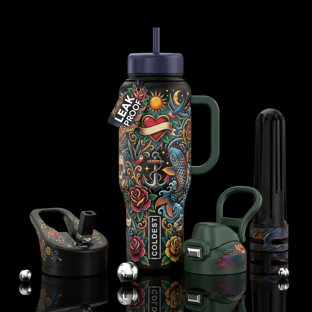 tattoo style water bottle design