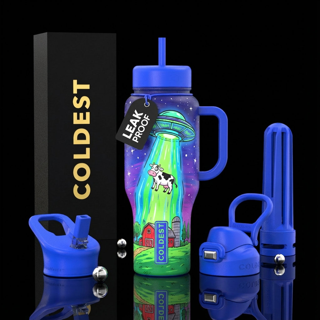 Alien ship beaming up cow. Drawn style. Should be ... water bottle design