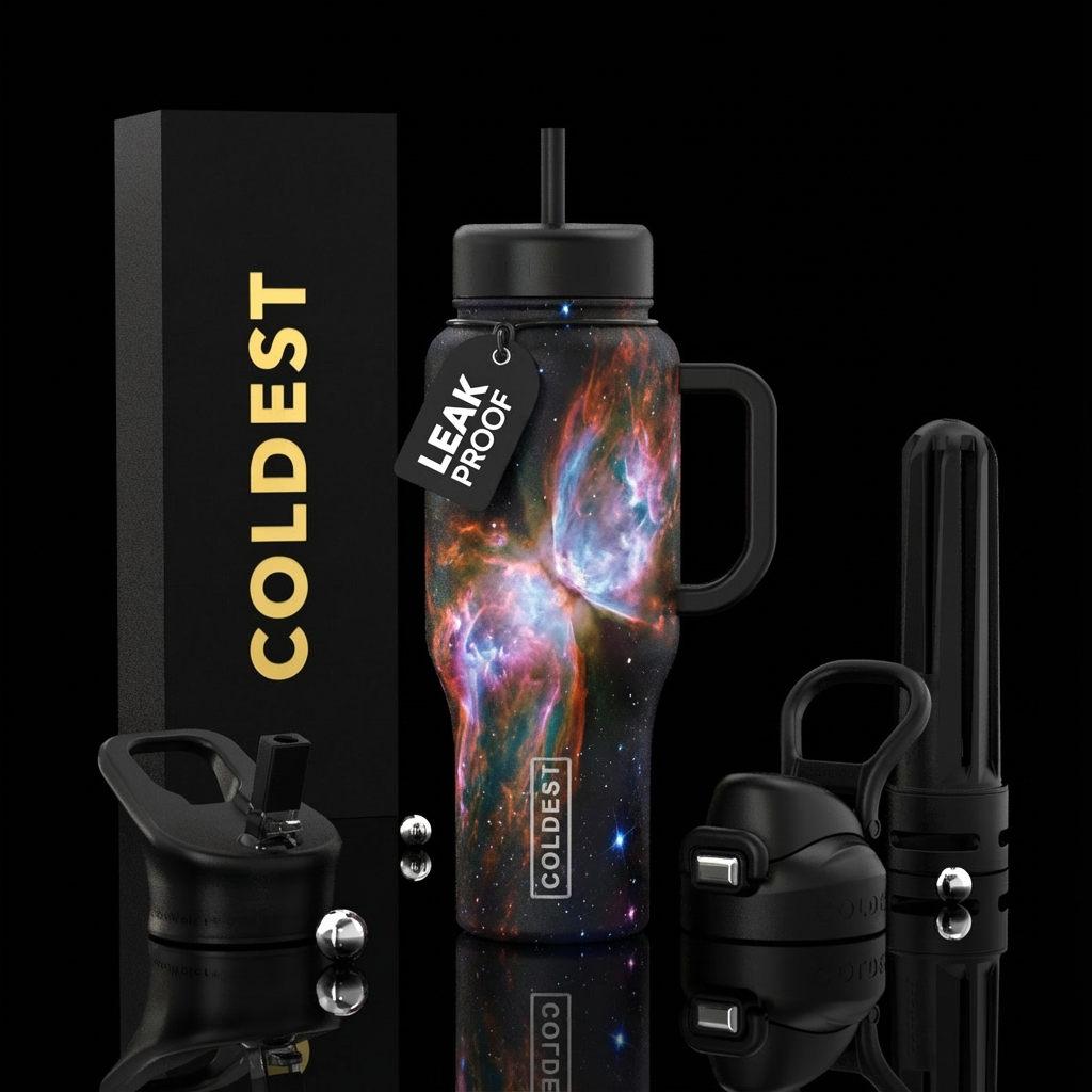Butterfly nebula. Realistic. Black handle and back... water bottle design