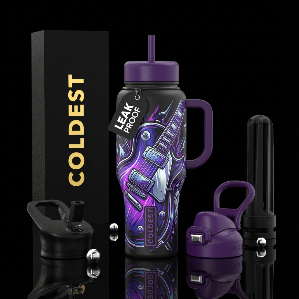 Guitar. Purple accents. Masculine design no music ... water bottle design