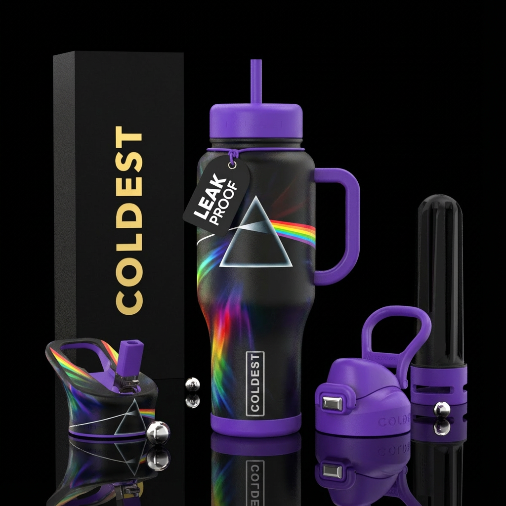 Pink Floyd dark side of the moon Black background.... water bottle design