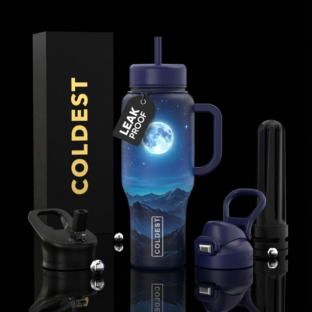 Moon in night sky over mountians in distance. Hand... water bottle design