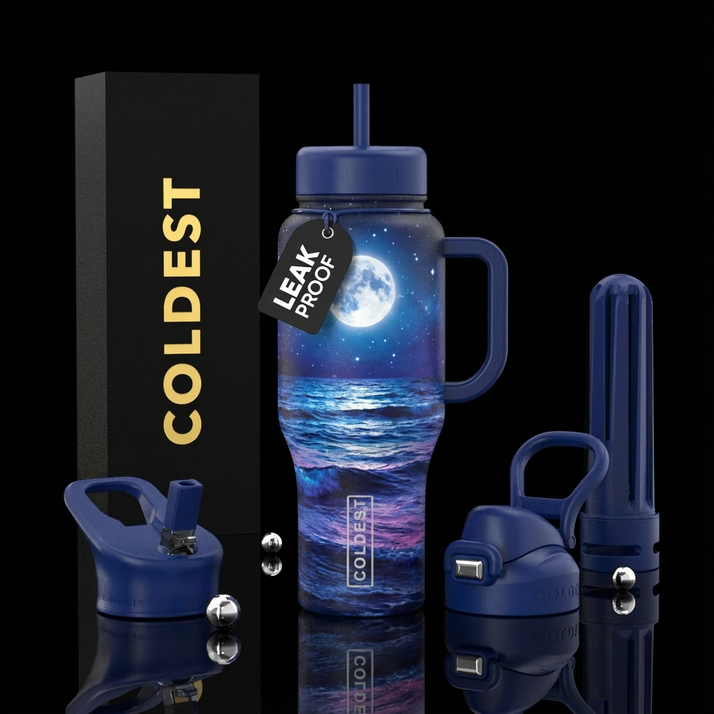 Moon in night sky over ocean realistic style water bottle design