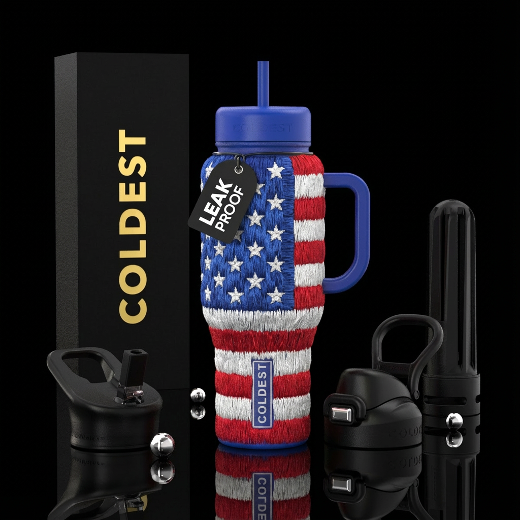 Hand embroidered USA water bottle design