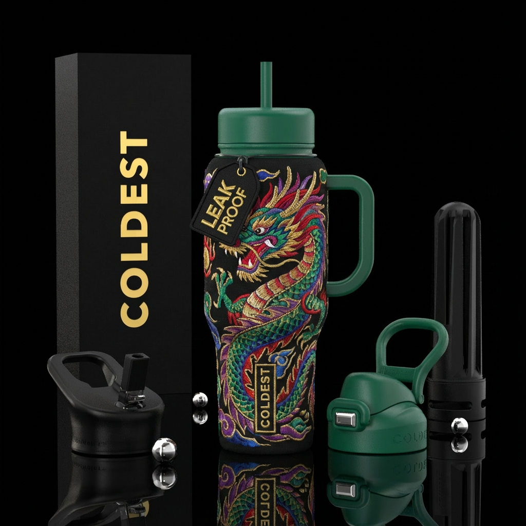 Hand embroidered dragon water bottle design