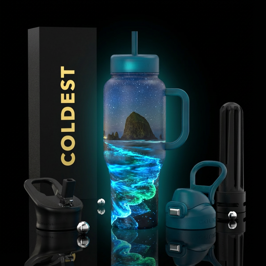 Realistic bioluminescence Oregon coast cannon beac... water bottle design
