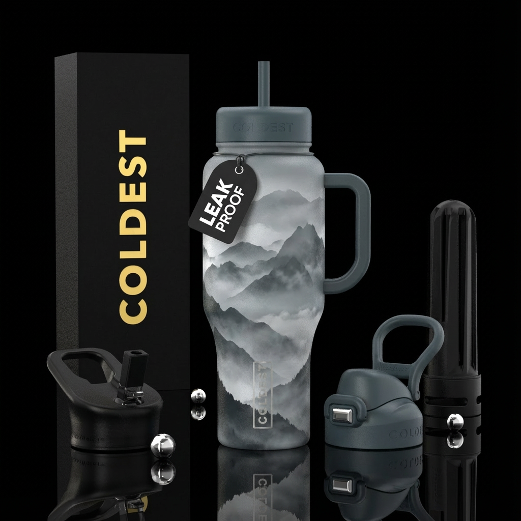 Misty grey pine trees water bottle design