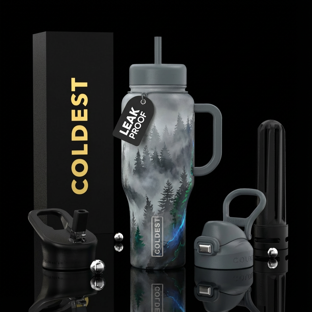 Misty grey pine trees in the mountains water bottle design