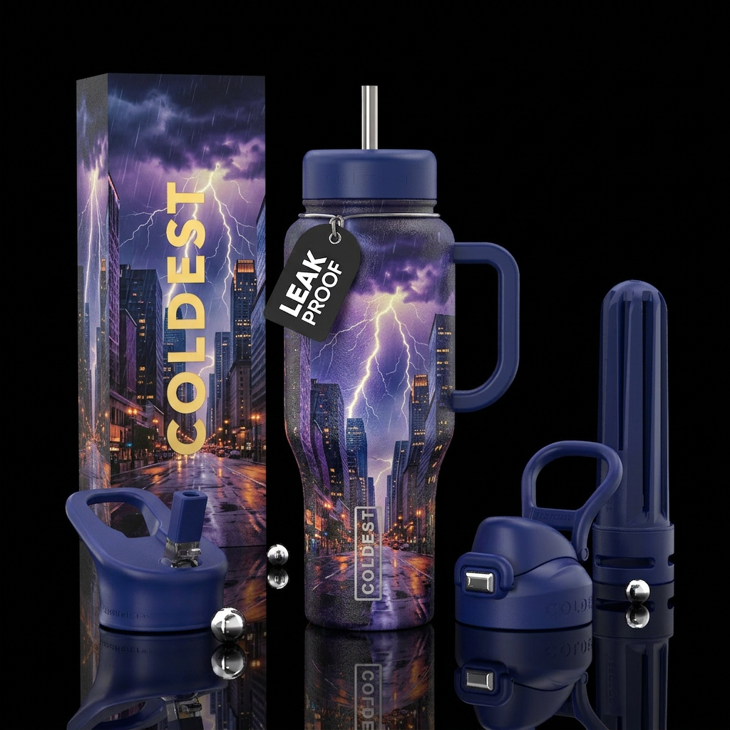 Urban city scape during a thunderstorm water bottle design