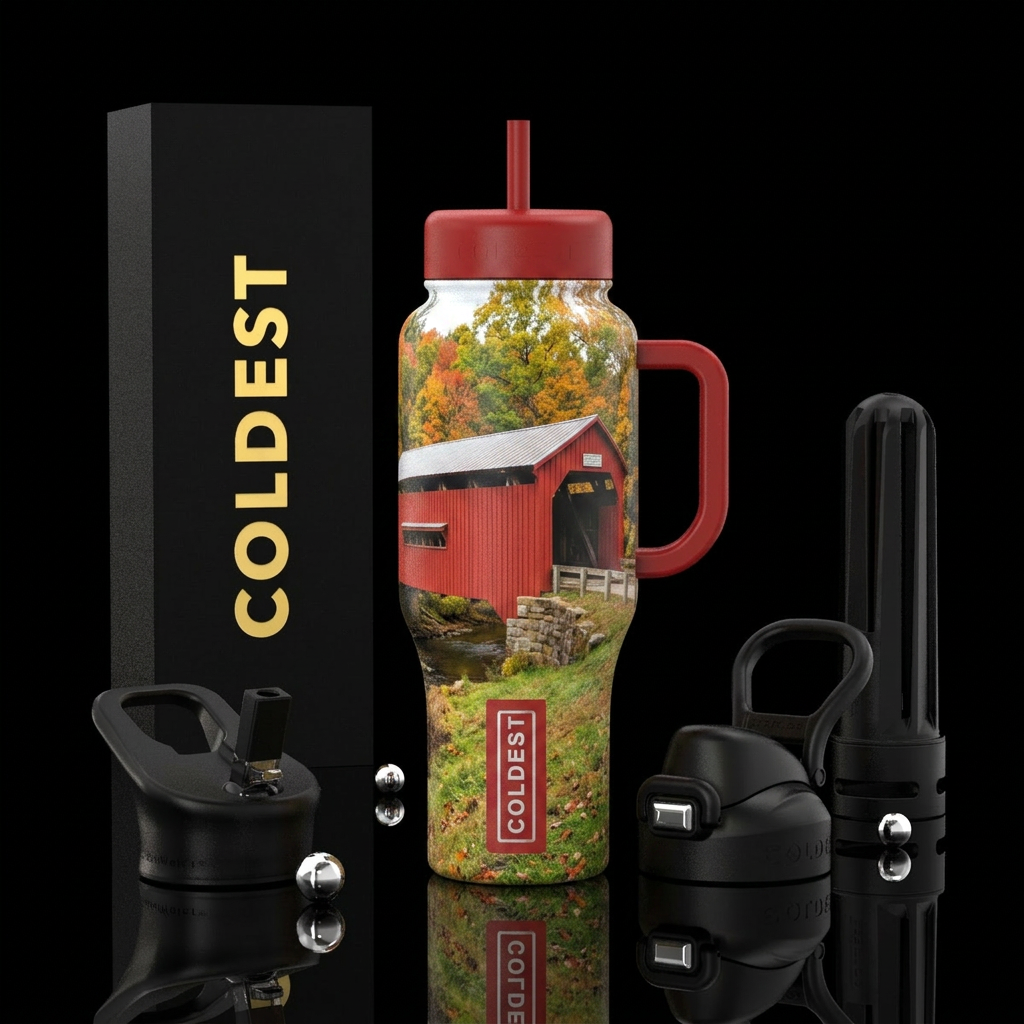 Red Covered Bridge in the Midwest water bottle design