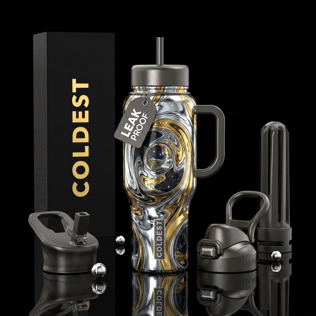 Liquid mirror portals silver and gold water bottle design