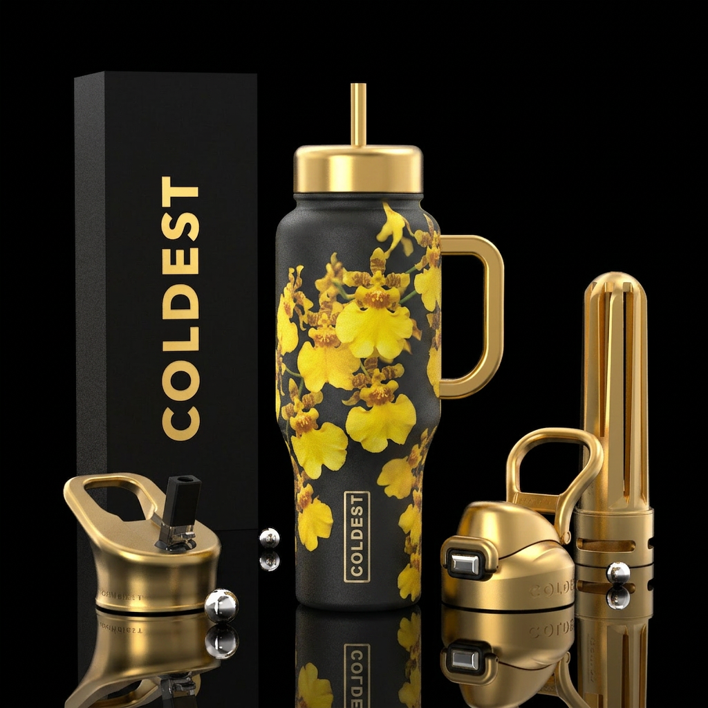 Wild yellow orchids, gold handle and lid, water bottle design