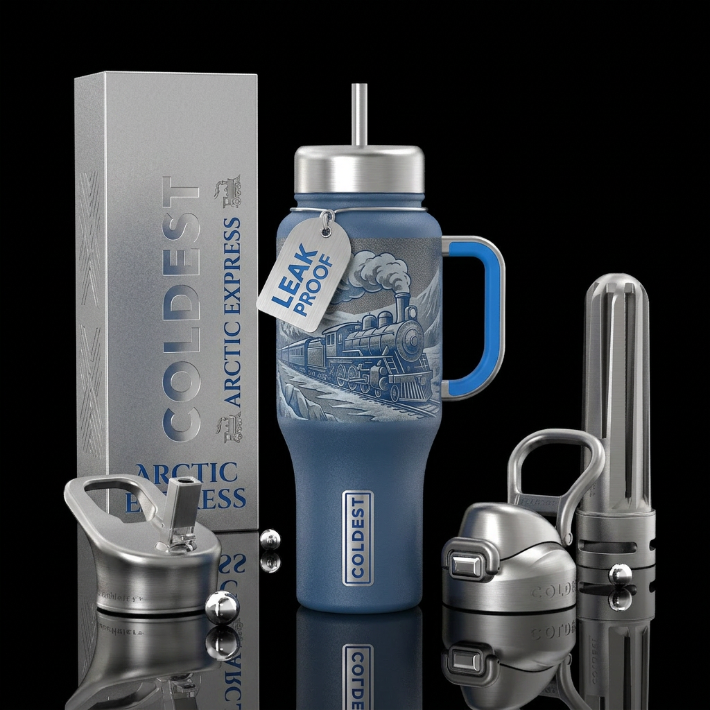 Arctic Express, blues and grays, silver lids and h... water bottle design