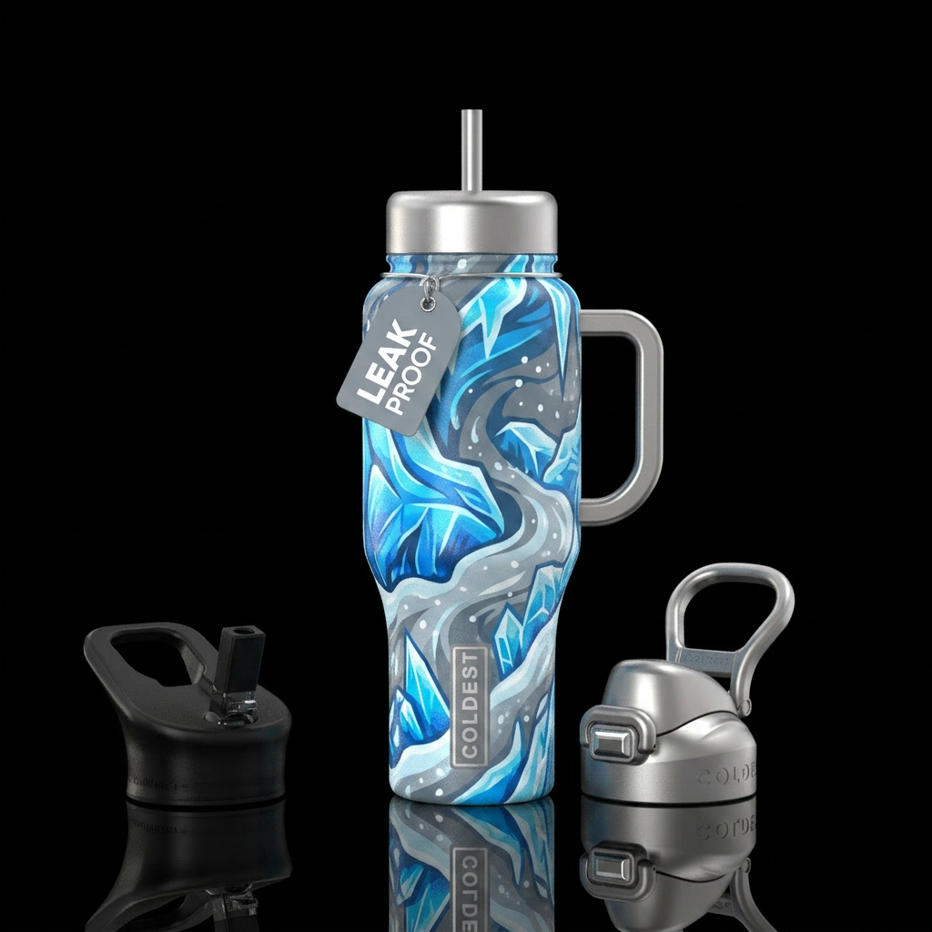 Arctic, blues and grays, silver lids and handle water bottle design
