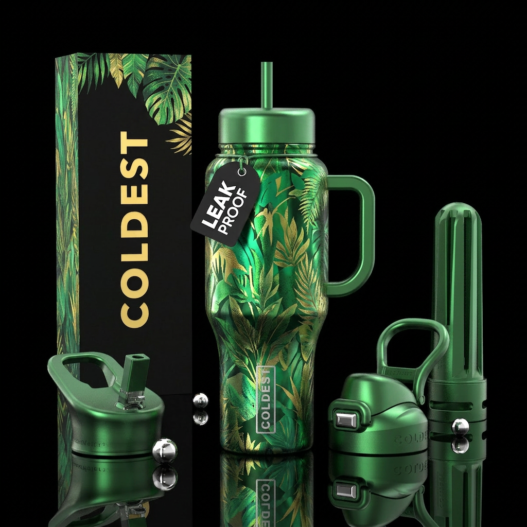Amazon Jungle abstract, metallic greens lids and h... water bottle design