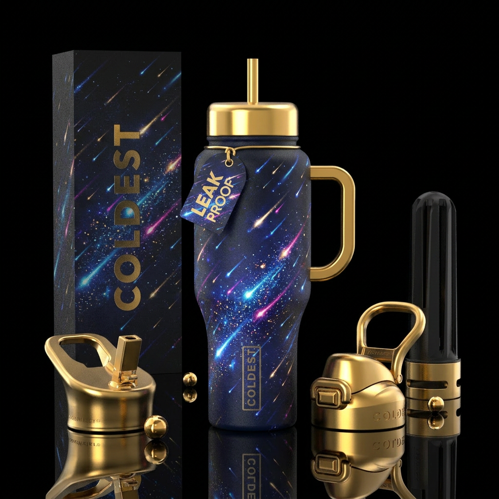 Meteor Shower, metallic gold handle and lids water bottle design
