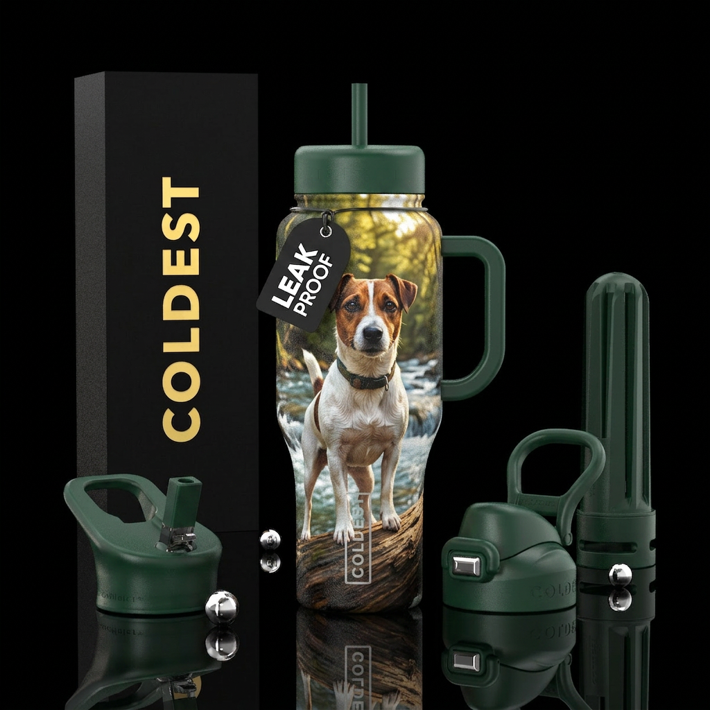 Jack Russell on log at attention, river behind water bottle design
