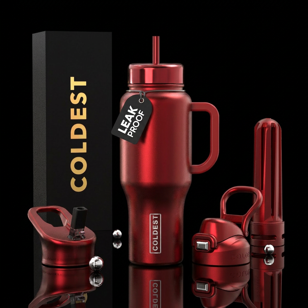 Licorice Legacy metallic red handle and lids water bottle design