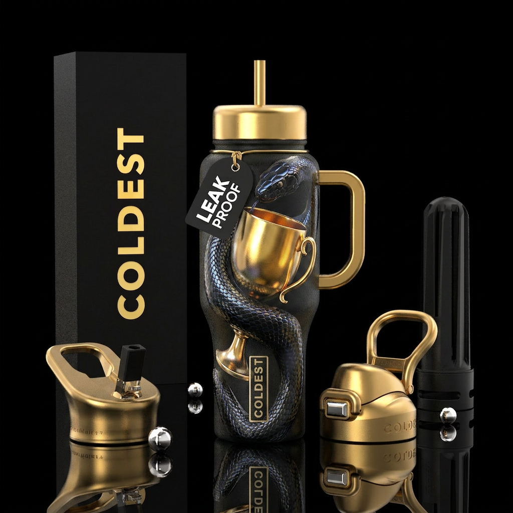 Giant Black Snake curling around a dazzling Golden... water bottle design