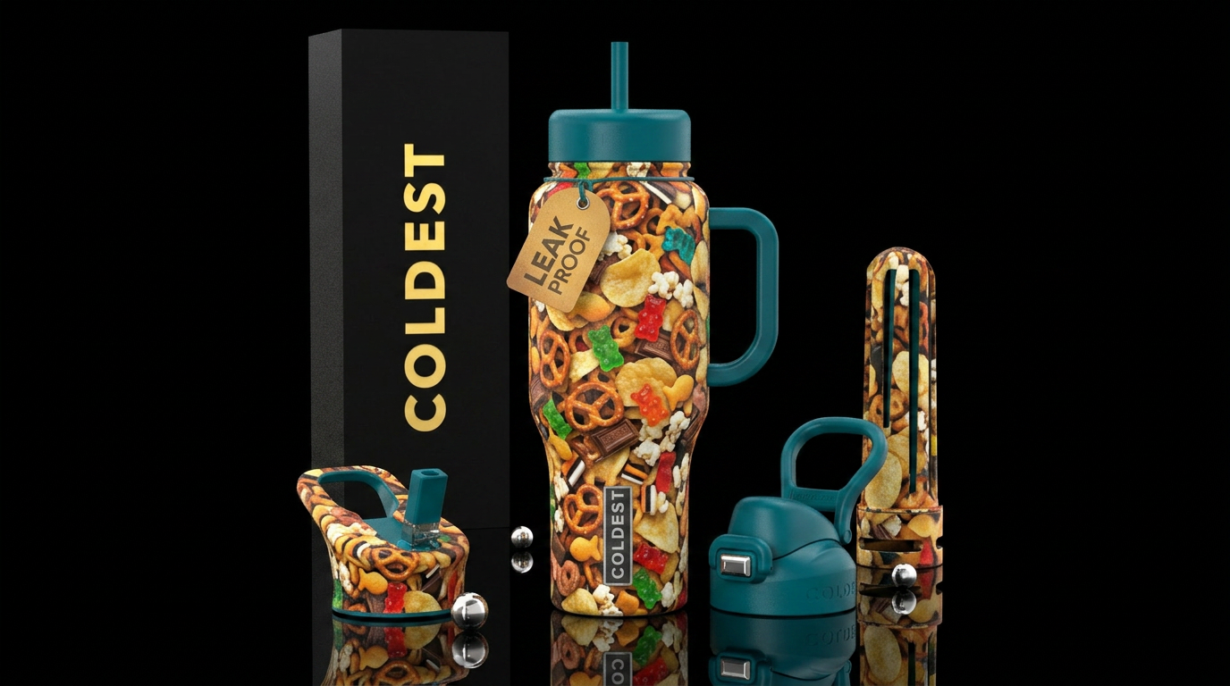 Tons of snack intertwined you cannot tell where on... water bottle design
