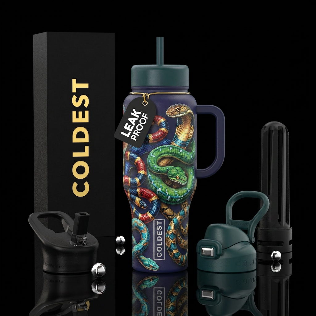 Multiple snakes intertwined one begins and one end... water bottle design