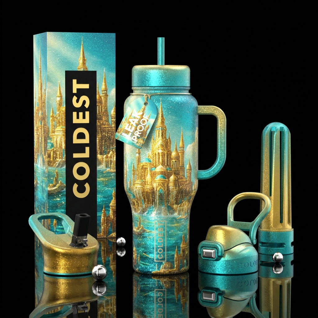 Atlantis at its greatest, golds and turquoise colo... water bottle design