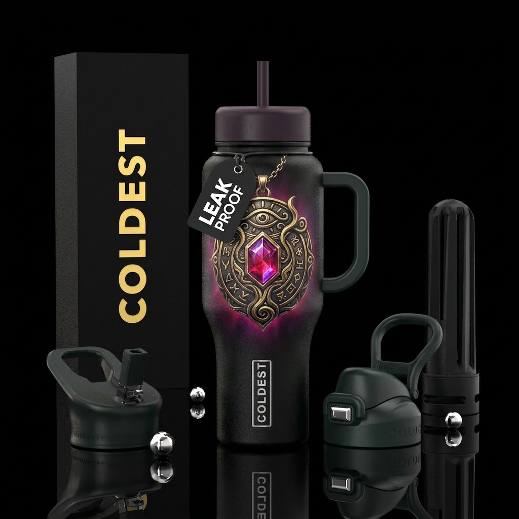 Mystic amulet glowing with ancient powers water bottle design