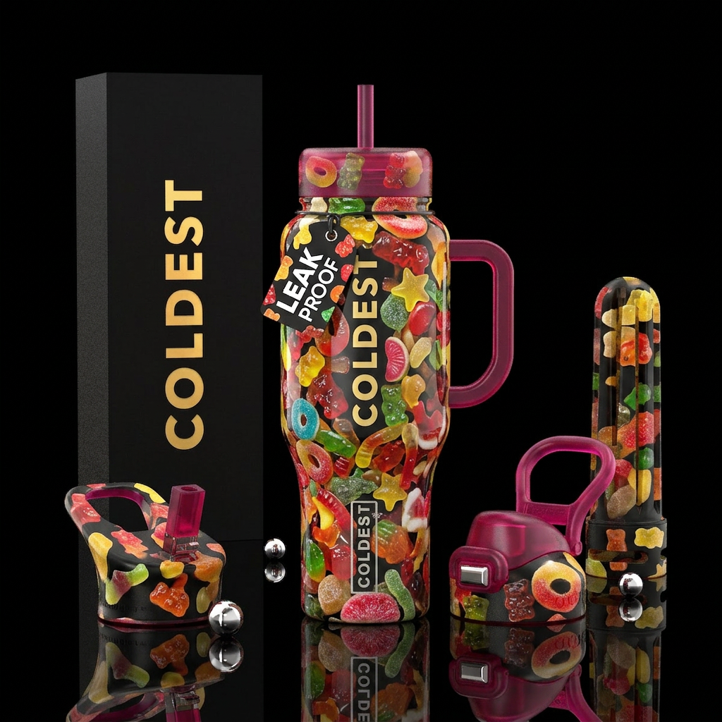 Gummy Candy of all Different types interwined water bottle design