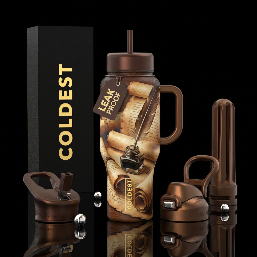 Ancient scrolls and inkwell feather pen water bottle design