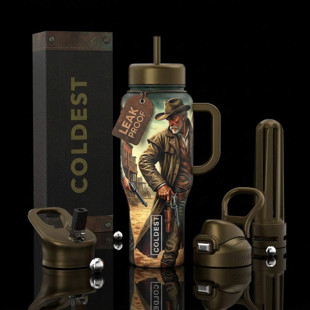 Old time Cowboy looking down hand on pistol ready ... water bottle design