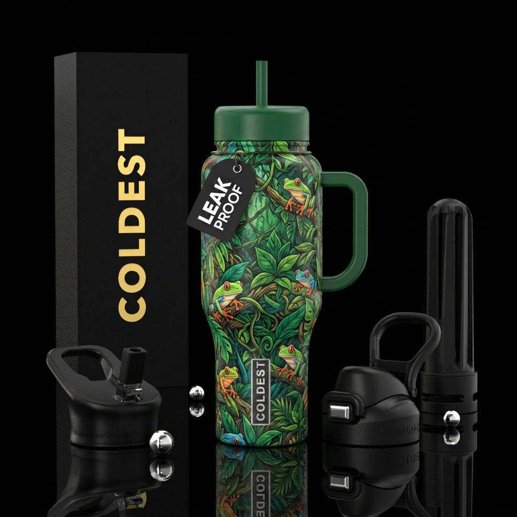 Multiple tree frogs hard to find in myriad of tree... water bottle design