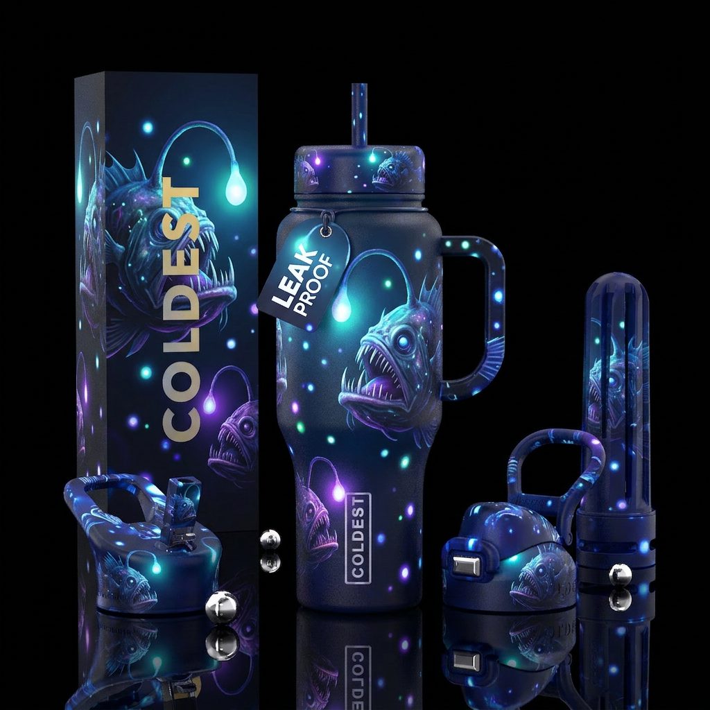 Angler fish with their bioluminescent bulbs glowin... water bottle design