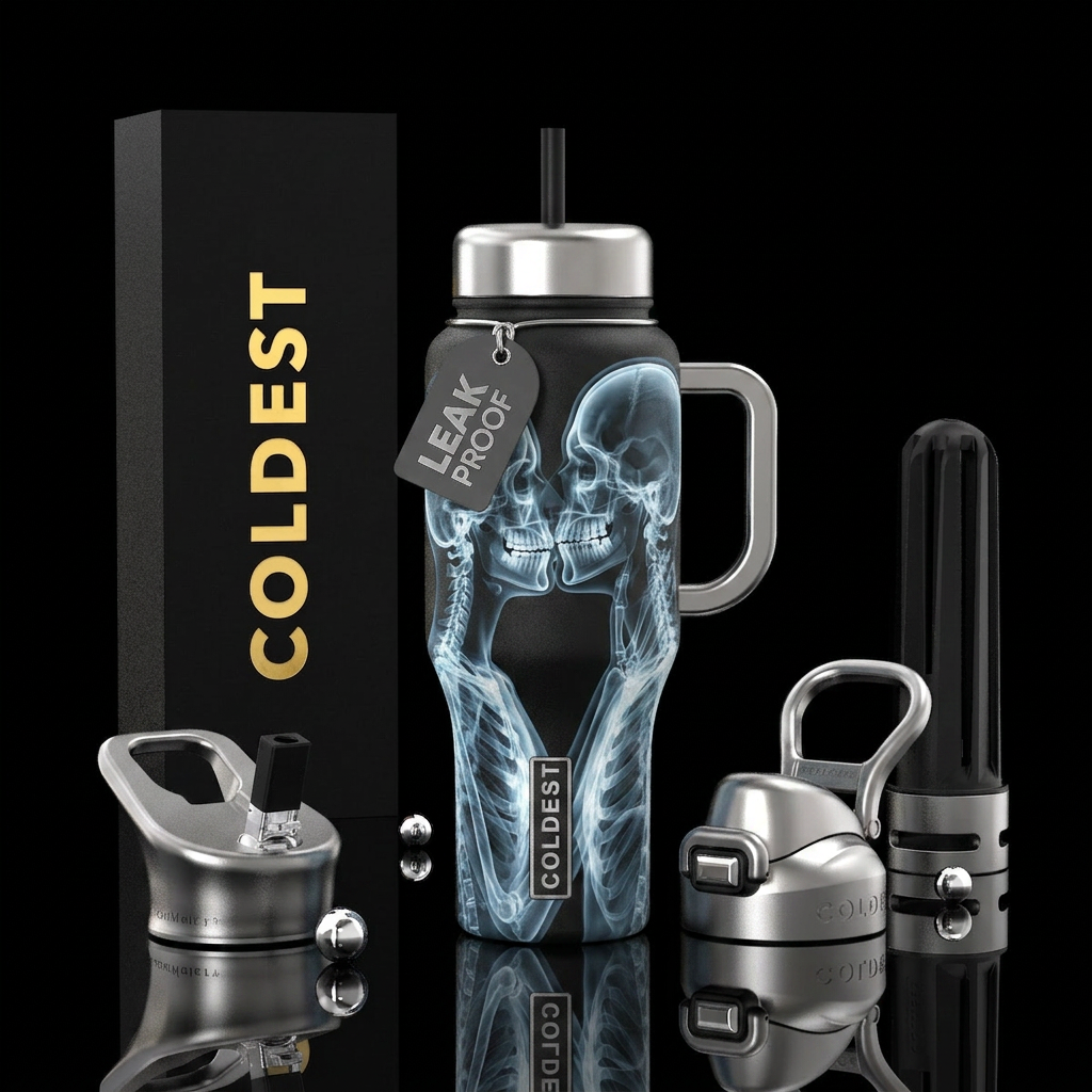 X-rays of two humans kissing, silver lids and hand... water bottle design