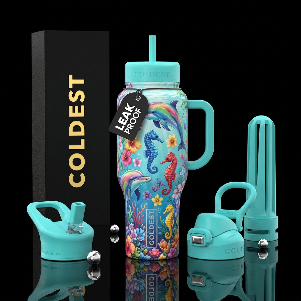 Flower dolphins and different colored seahorses, a... water bottle design