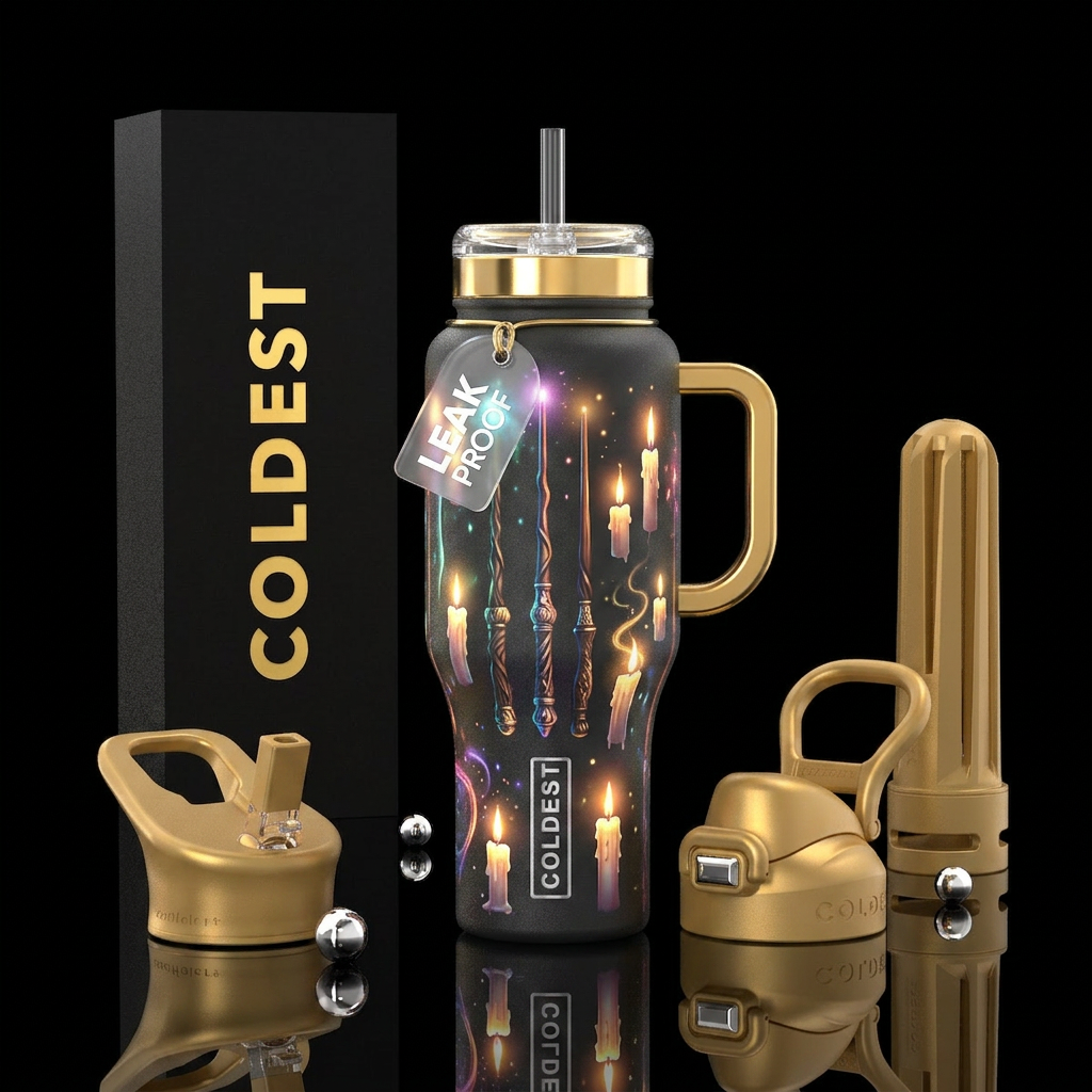glowie multiple magic wands and levitating candles... water bottle design