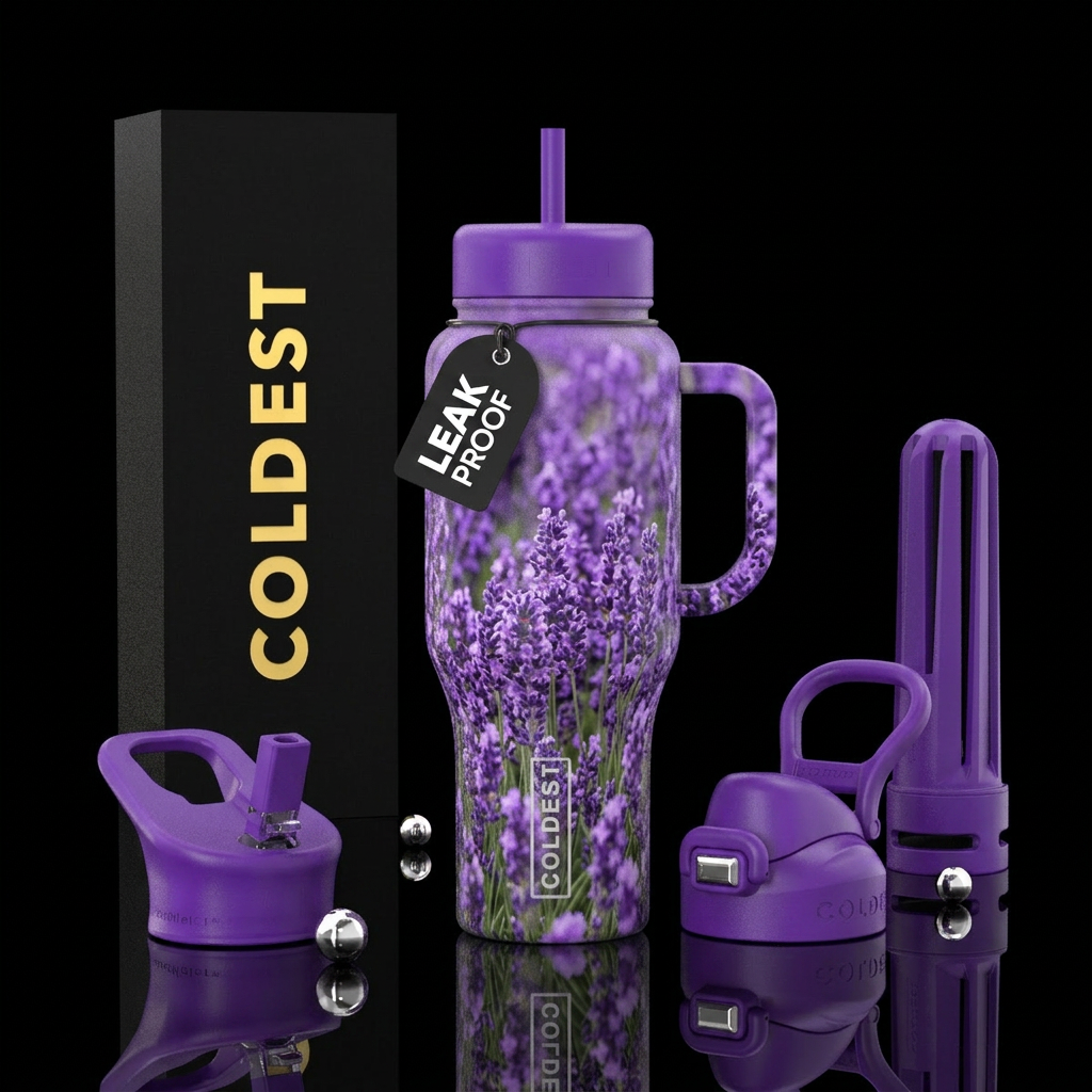 A field of lavender that stretches on and on, water bottle design