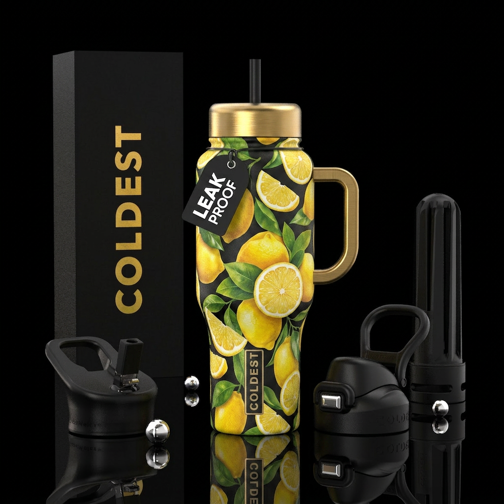 Lush Lemonade, with lemon slices, metallic gold ha... water bottle design