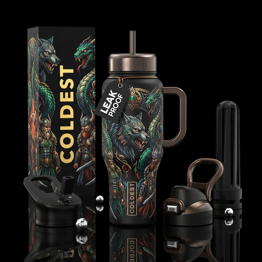 Norse Mythology Creatires and Warriors water bottle design