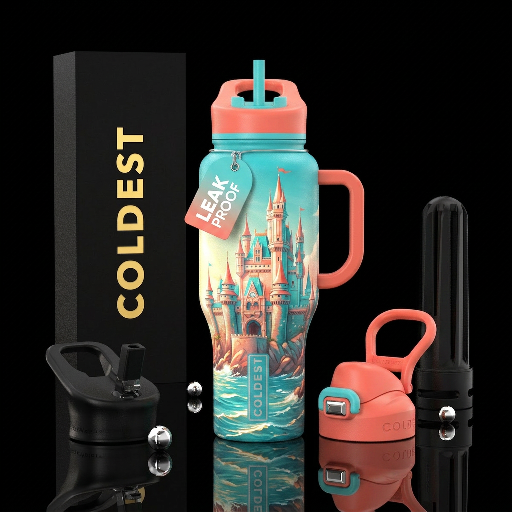 Seaside castle shining in the sun turquoise and co... water bottle design