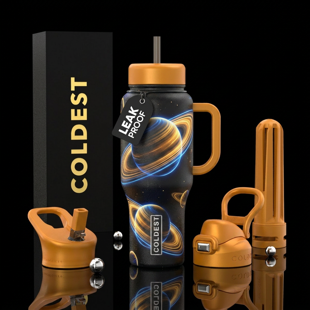 Saturn Rings and glow no purple water bottle design